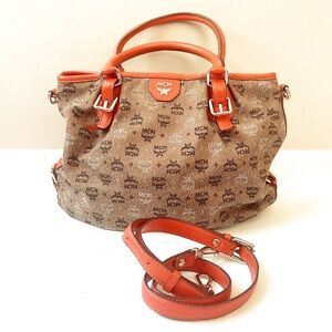 MCM Visetos Monogram Canvas Leather Orange Large Tote Bag Crossbody Zip Top